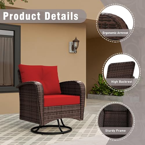 Qsoer 4 Piece Patio Conversation Set - 2 Swivel Chairs 1 Coffee Table 3-Seater Sofa, PE Wicker & Steel Patio Furniture with Heavy-Duty Steel Frame,Weatherproof Cushions, Red