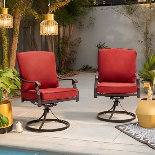 MELLCOM Patio Swivel Chair Set of 2, Heavy Duty Outdoor Dining Chairs with Thickened Cushions, Metal Patio Chairs Gentle Rocker for Outside, Garden Lawn & Porch, Backyard, Red