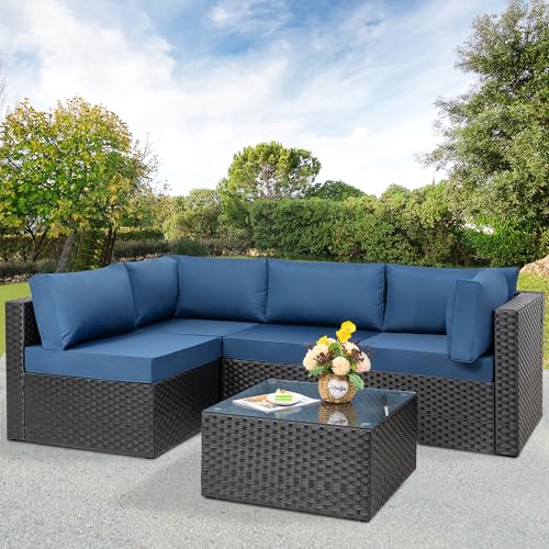Patio Furniture Sets, 5 Piece Outdoor Sectional Sofas, Wicker Rattan Outdoor Furniture Patio Conversation Set, All-Weather PE Rattan Outdoor Couch for Backyard, Garden, Black & Aegean Blue