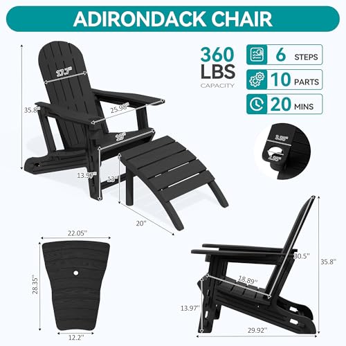 Vongrasig Adirondack Chairs Set of 2 with Removable Tabletop and Footrest, HDPE Plastic Outdoor Chair Set with Wooden Textured, Cup Holder for Patio, Poolside, Garden, Black, 5 Pieces