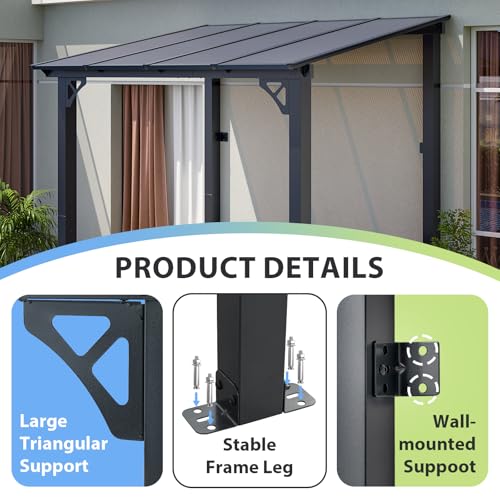 Aoxun 8’x 5’ Premium Gazebo with Aluminum Top Frame & Polycarbonate Panel, Wall Mounted Gazebos Pergola, Outdoor Patio Lean to Gazebo, Awnings with Sloped Roof, for Backyard, Porch, Deck