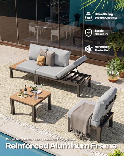 Oasbira Aluminum Modular Outdoor Patio Furniture Set, 6 Seats Patio Sectional Sofa Set with Adjustable Backrest & Thick Cushions, All-Weather Conversation Sets with Table for Garden & Yard, Gray