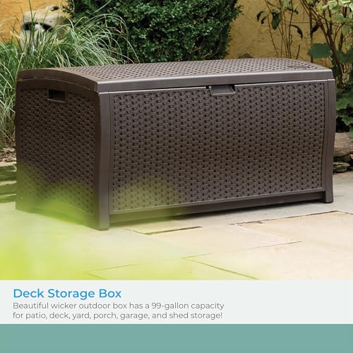 Suncast DBW9200 99 Gallon Outdoor Wicker resin Patio Storage Chest Bin with Handles for Patio, Garden, Garage, or Pool for All Weather, Mocha