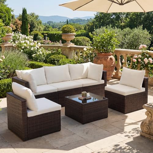 DUMOS 7 Piece Outdoor Patio Sectional Sofa, Modular Wicker Furniture Set with 2.8" Thick Cushions, Adjustable Feet, Weather-Resistant Rattan Outdoor Couch for Backyard, Deck, Garden, Poolside, Brown