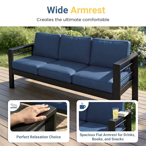 Wisteria Lane Patio Furniture Aluminum Loveseat, All-Weather Outdoor 2 Seats Sofa Couch, Patio Outdoor Sofa, Black Metal Chair with Blue Cushions