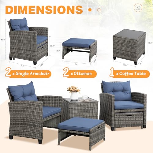 Shintenchi 5 Pieces Patio Furniture Set, Outdoor Wicker Patio Conversation Set with Ottoman, All Weather Rattan Outside Chairs with Coffee Table & Cushion for Porch, Garden, Backyard, Navy