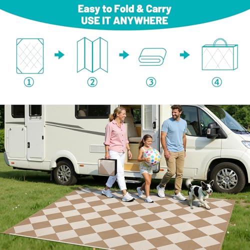HEBE Outdoor Rug Waterproof 6x9, Checkered Plastic Straw Rug RV Camping Rug, Reversible Outdoor Patio Mat Clearance, Outside Carpet for Porch,Deck,Camper,Balcony