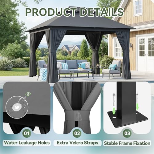 Aoxun Outdoor Gazebo for Patio 10x12, Metal Frame Canopy with Double Roofs, Heavy Duty Party Tent and Shelter with Mosquito Netting and Privacy Screen for Backyard, Lawn, Garden, Deck