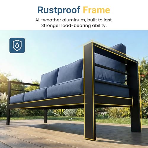 Wisteria Lane Patio Furniture Aluminum Loveseat, All-Weather Outdoor 2 Seats Sofa Couch, Patio Outdoor Sofa, Black Metal Chair with Blue Cushions