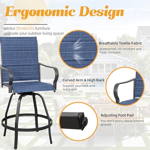 Shintenchi 4 Piece Patio Swivel Bar Chairs, All Weather Padded Textile Outdoor Metal Bar Stools Patio Chairs Set of 4, High Top Bistro Set Furniture for Balcony, Backyard, Lawn Garden, Deck, Deep Blue