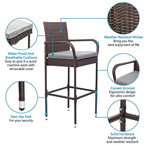 VINGLI Outdoor Bar Stools Set of 2, All-Weather Wicker Outdoor Barstools with Cushion, Patio Bar Stools for Garden Pool Lawn Backyard