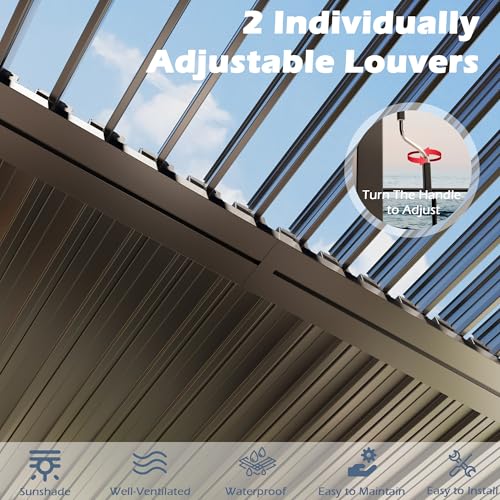 TXGDPIONEER Outdoor Louvered Pergola 10'×13',Aluminum Frame with Adjustable Louvered Roof and Screen,Metal Hard Top Pergola with Waterproof Curtains and Nets for Patio,Backyard,Deck,Grey