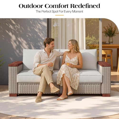 PaPaJet Outdoor Loveseat Patio Sofa, Wicker Couch with Solid Armrests & Legs, 4.7" Thick Cushion, UV-Resistant Modular Sofa for Porch, Backyard, Garden