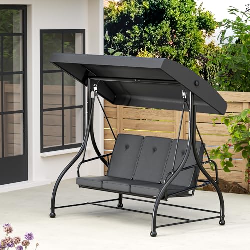 3-Seat Outdoor Porch Swing Glider with Adjustable Canopy, Patio Swings Bed with Removable Cushion for Porch, Backyard, Garden, Poolside, Balcony - Gray