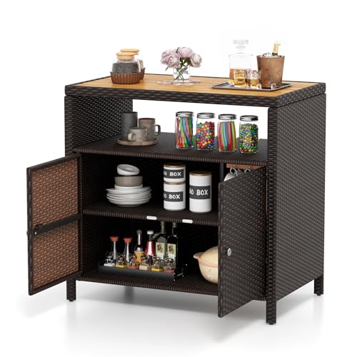 Tangkula Rattan Outdoor Storage Cabinet, Patiojoy Outdoor Cabinet with Acacia Wood Countertop, Open Compartment, 2-Door Wicker Sideboard, Outdoor Bar for Patio Garden Backyard Poolside (Mix Brown)