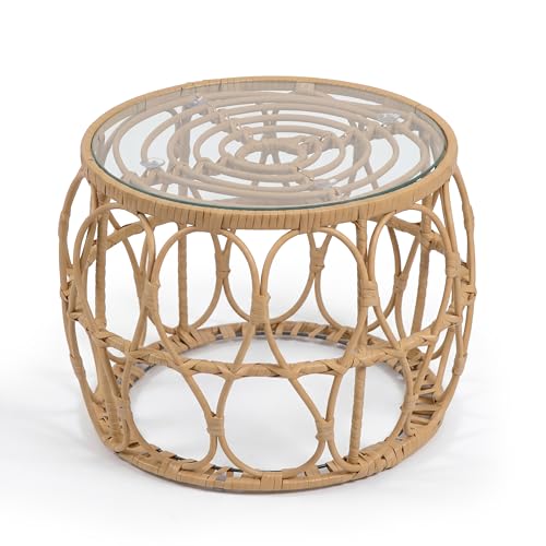 Furniture of America Ysar Boho Rattan Round Coffee Table Outdoor with 5mm Tempered Glass Top, All-Weather and Rust Resistant Patio Furniture