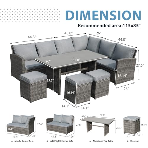 JOIVI Outdoor Patio Furniture Set, 7 Piece Patio Dining Sofa Set, Outdoor Sectional Couch Conversation Set All Weather Wicker Rattan Aluminum Desktop Dining Table & Chair with Ottomans, Gray Cushion