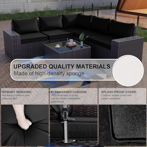 Kullavik Outdoor Patio Furniture Set 6 Pieces Sectional Rattan Sofa Set Brown PE Rattan Wicker Patio Conversation Set with 5 Seat Cushions and 1 Tempered Glass Table,Black