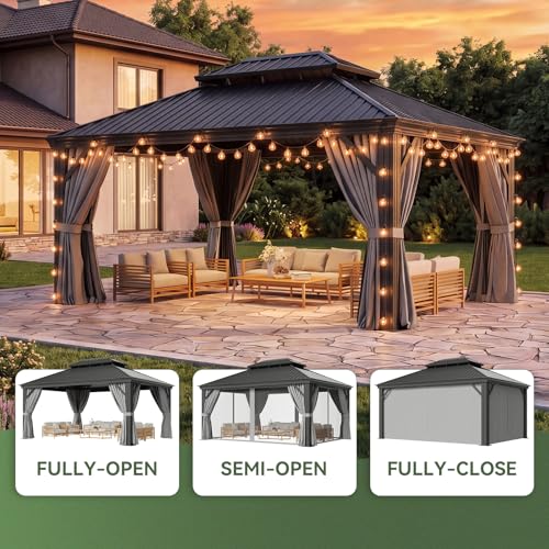 Aoxun 12' x 16' Permanent Hardtop Gazebo with Galvanized Steel Double Roof and Aluminum Frames Outdoor Large Pavilion Gazebo for Patio Deck Garden, Nettings and Curtains Included, Gray