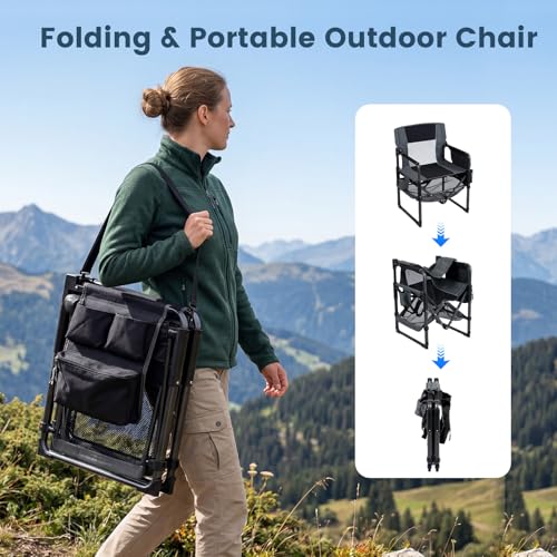 COSTWAY Heavy Duty Outdoor Camping Chair for Adults, Portable Folding Lawn Chair with Cup Holder, Side Pocket, Bottle Opener, Mesh Storage Shelf, Sturdy Metal Frame for Hiking, Fishing (2,Black)