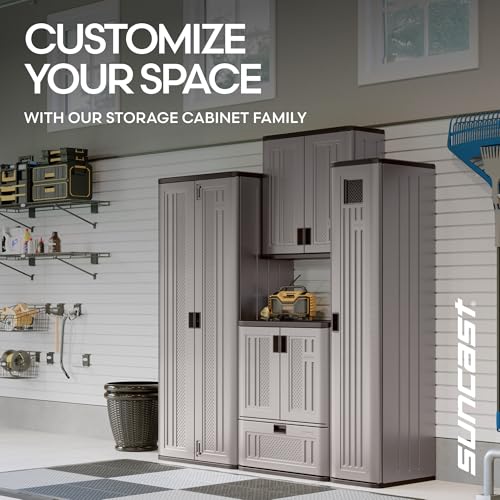 Suncast Tall Storage Cabinet for Garage Organization - 72" Freestanding Utility Closet with Shelving for Garden Supplies, Paint Cans & Outdoor Tools, Multi-Wall Resin Construction, Platinum