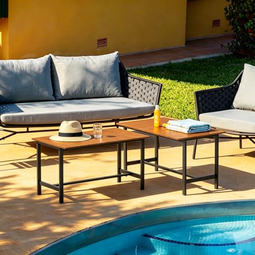 Outdoor Coffee Table, 33.4"L x 17.3"W x 18.1"H Rectangle Weather-Resistant Patio Coffee Table, Metal Heavy-Duty Frame Coffee Side Table, Waterproof for Garden, Porch, Balcony, Deck, Poolside, Brown