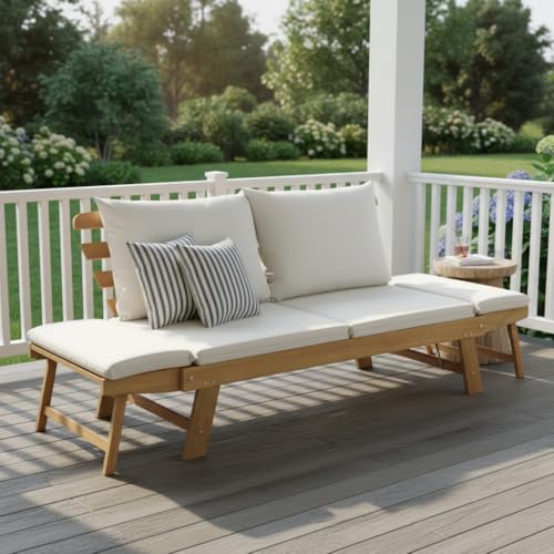 Tangkula Convertible Acacia Wood Patio Couch Sofa Bed with Adjustable Armrest, Outdoor Daybed with Cushion & Pillows, Outside Folding Futon Sofa Couch Bench for Porch, Courtyard, Poolside & Garden