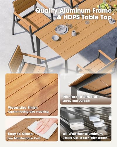 ComfCove Outdoor Dining Set, Aluminum Patio HDPS Outdooor Table and Chairs Set with Umbrella Hole, All Weather Patio Furniture Set, Patio Dining Table Set ,Gray & Teak ,7 Pieces