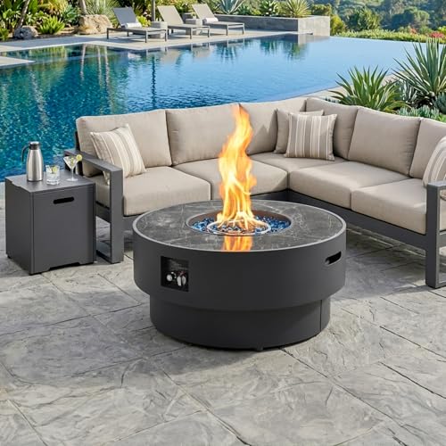 COMAZOO 2PCS 32 Inch Round Fire Pit Table with Tank Cover, 2-in-1 Outdoor Propane Fire Pit Table for Patio, Garden & Backyard, 50,000 BTU with Lid, Glass Rocks & Waterproof Cover, Black