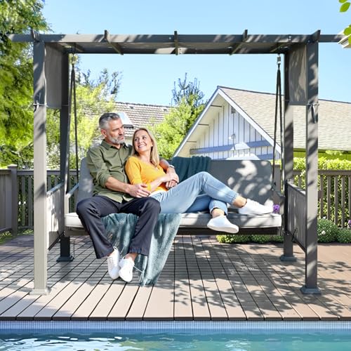 Pamapic 3-Seat Porch Swing with Stand, 990 LBS 2 in 1 Convertible Bed Patio Swings with Canopy Adjustable, Wicker Side Panel Swing Chair Outdoor with Cushion for Backyard, Porch, Garden (Gray)
