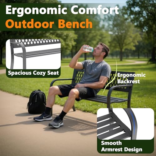 MAKE CHANGES Outdoor Bench, Garden Patio Park Entryway Metal Bench with Comfortable Backrest, Sturdy Heavy Duty Loveseat Front Porch Backyard Lawn Furniture for Outside