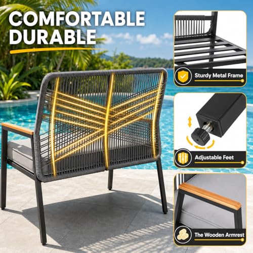 LIFERUN Outdoor Rattan Loveseat Bench, 43" Patio Bench for 2 with 3.15" Cushion,704LBS, Wicker Patio Furniture Seating, Curved Backrest, WPC Armrests, 500 lb Capacity for Porch Balcony Deck, Grey