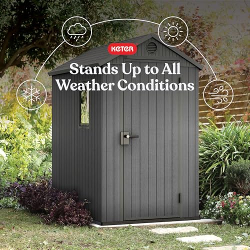 Keter Darwin 4x6 Feet Outdoor Storage Shed, Graphite Gray – Lockable Resin Organizer Unit with Single Door, Window, and Skylight for Backyard, Garden, or Lawn Organization