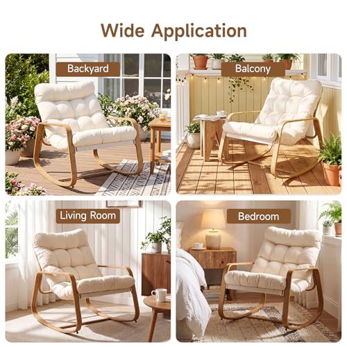 ONBRILL Rocking Chair with Thick Cushion Outdoor Indoor, Premium Iron Wood Grain Patio Papasan Rocker, Cozy Rocker for Garden, Balcony, Living Room, Bedroom
