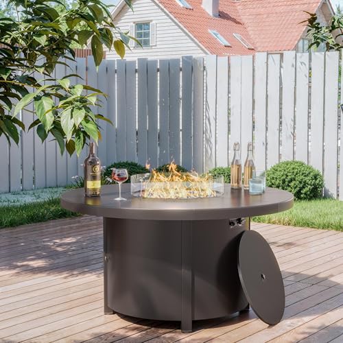 Kullavik 48" Round Propane Fire Pit Table,55000 BTU Auto-Ignitiongas Gas Fire Table with Fire Glass and Lid,Waterproof Cover and Pumice Stone for Patio,Balcony,Garden
