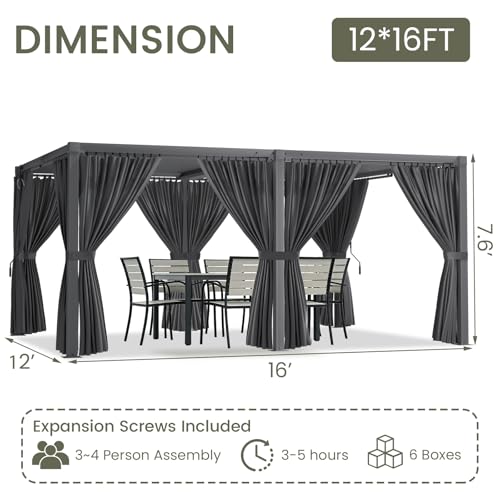 SAILARY Louvered Pergola 12' x 16' with Waterproof Curtains, Outdoor Aluminum Pergola with Reinforced Steel Roof, Heavy-Duty Hardtop Gazebo, Privacy Shaded Shelter, Grey
