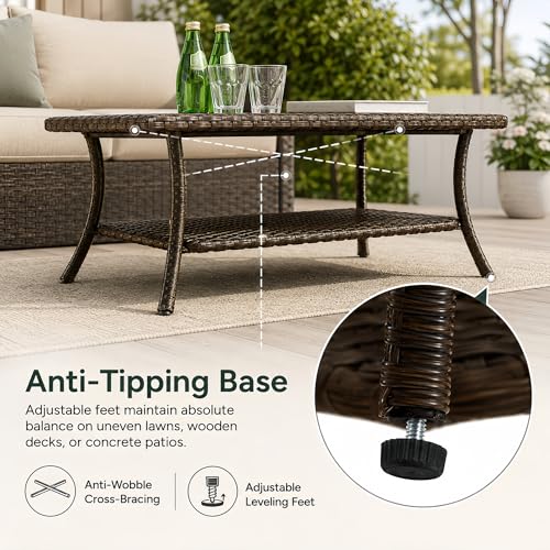 HUMMUH 42-inch 2-Tier Outdoor Patio Coffee Table, Brown PE Rattan Center Table with Powder-Coated Metal Frame for Garden, Backyard, Porch Storage