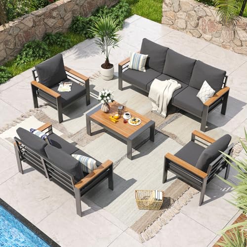 Aoxun Aluminum Patio Furniture Set 7 Seats, Oversized Outdoor Sectional with Washable Thick Cushions, Coffee Table and Waterproof Cover, Patio Conversation Sets for Porch, Balcony, Deck