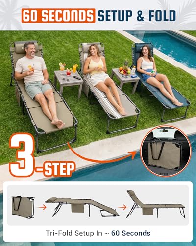 KingCamp Tanning Chair with Face Hole, Lounge Chairs Outdoor Folding Comfy Adjustable 5-Position Lay Flat Foldable Chaise Chaser Lounger for Outside Beach Patio Sun Bathing Pool, Beige