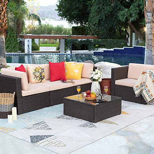 Homall 5 Pieces Outdoor Patio Furniture Sectional Safa Modern Wicker Sets with Cushion All Weather Rattan Conversation Set with Modern Glass Coffee Table for Patio Backyard Poolside Garden