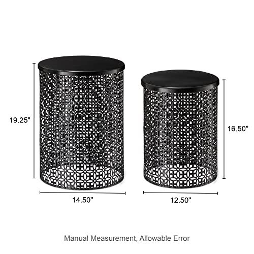 Glitzhome Outdoor Side Table Set of 2, Decorative Garden Stool for Patio Heavy Duty Metal Frame Accent Table Modern End Table, Glossy Black