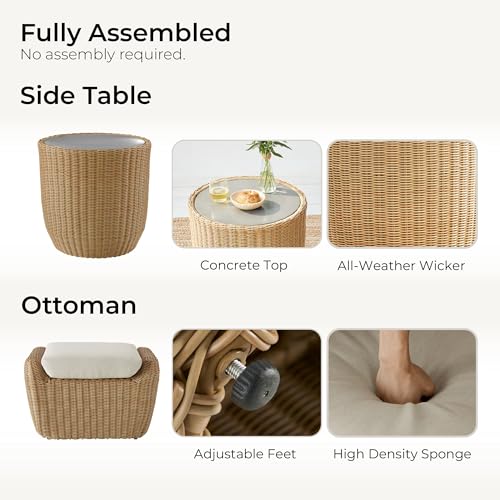 CHITA 5 Pieces Patio Wicker Furniture Set, Outdoor Rattan Bistro Set with Removable Thickened Cushions, Fully Assembled(Beige Cushions with Light Brown Wicker)