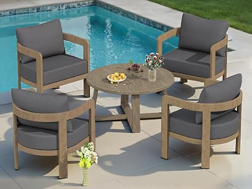 COMLAX FIELD Indoor Round Coffee Table with 35.5” Woodgrain Finish Table Top, Outdoor Metal Modern Side Table 125lbs for Backyard Porch Balcony Living Room, Brown