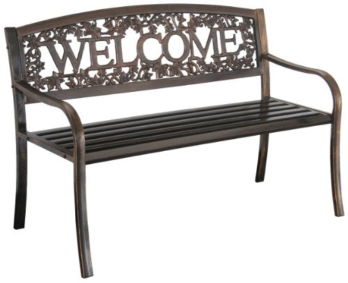 Leigh Country Metal Outdoor Bench, Welcome Design, Decorative Patio Seating for Porch/Deck