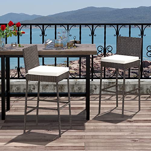 COSTWAY Outdoor Wicker Bar Stools Set of 4, 30'' Patio Bar Height Chairs with Cushion, Footrest and Backrest, Rattan Barstools for Backyard Poolside Deck (Brown)
