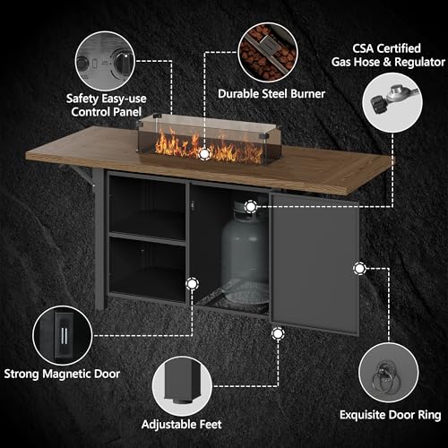 Rotihom 55" Propane Fire Pit Table,50000btu Gas Fire Pit Table with Brown Windshield & Lava Rock,2 in 1 Foldable Expansion Table Fire Pit with CSA Certification, Firepit Table for Outdoor, Patio