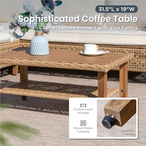 PHI VILLA Sectional Outdoor Couch, Small Patio Furniture Set with Cushions and Acacia Wood Coffee Table, L-Shaped Wicker Outdoor Sofa for Deck or Porch, 4 Seats, Beige