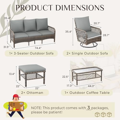 AECOJOY Patio Furniture Set Outdoor Sectional Sofa Couch and High Back Swivel Rocker Patio Chairs 6PCS Brown Wicker Conversation Set (Dark Grey, 6PCS- Whole Set)