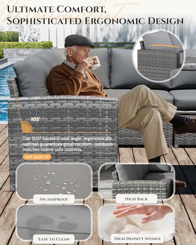 U-MAX 7 Pieces Patio Furniture Set with Waterproof Cover, Outdoor Sectional Sofa Conversation Set, All Weather Wicker Rattan Dining Table & Chair with Ottoman, Grey Rattan&Grey Cushion