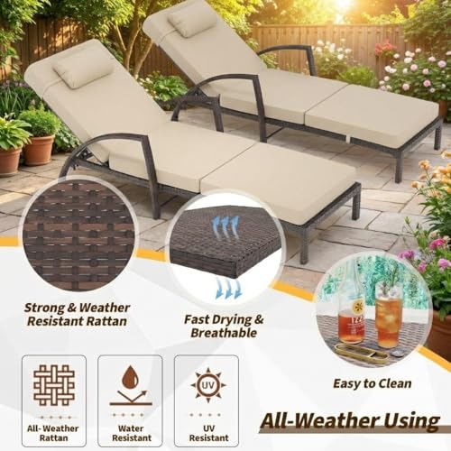 Garvee Outdoor Chaise Lounge Set of 2, 5-Position Adjustable PE Wicker Reclining Chairs with Wheels & 3.5" Cushions, 400 lbs Capacity All-Weather Patio Furniture for Poolside, Garden, Beach(Beige)
